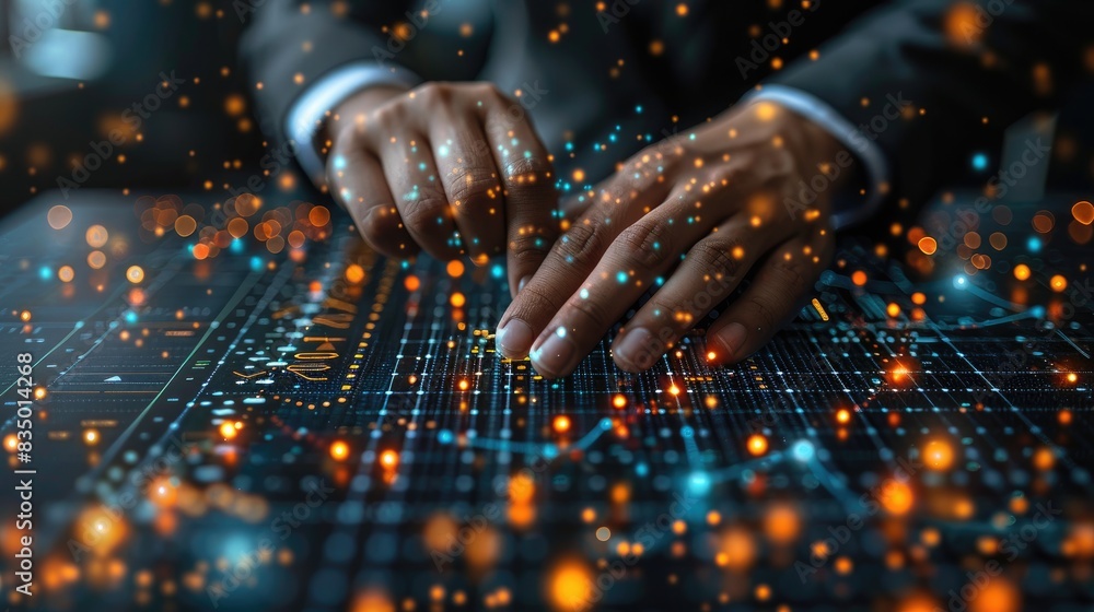Poster hands interacting with a glowing data interface, representing technology and innovation in the digit