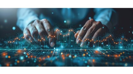 Hands typing on a digital interface with data visualizations and graphs, representing data analytics and technology in business.
