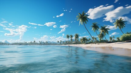 Tropical Beach with Clear Skies, Palm Trees, and Calm Ocean Waves
