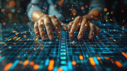 Hands typing on futuristic digital interface with data visualization, representing the concept of technology and big data analytics.