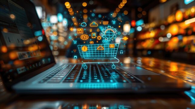 Laptop with digital shopping cart icons, representing online shopping and e-commerce in a modern, illuminated workspace.