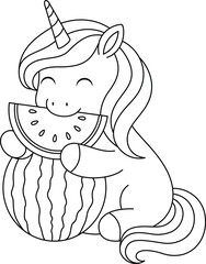 Cute kawaii unicorn is eating watermelon coloring page for kids. Animal outline doodle colouring page isolated on white background. Wild animal coloring book for kids