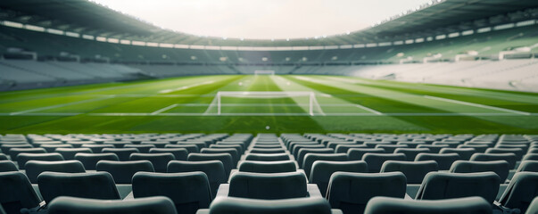 Empty football stadium with green field and rows of seats under clear sky. Ideal for sports events, matches, and athletic activities.