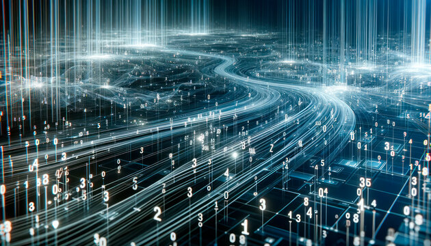 Digital streams of data and light beams flowing on a dark, dynamic background, exemplifying a concept of high-speed information transfer. Generative AI