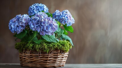 A beautiful still life of a wicker basket filled with blue hydrangeas