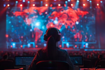 A translator providing live translation services during an international event focus on live translation, global theme, realistic, multilayer, event stage backdrop