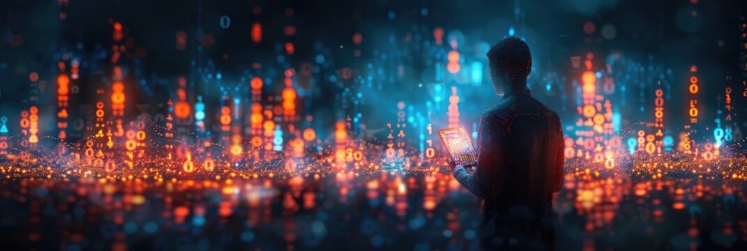 Silhouette of a person observing a futuristic cityscape with glowing digital lights and data visualization at night.
