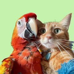 Cat and parrot as friend selfie