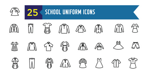 School uniform icons set. Outline set of school uniform vector icons for ui design. Outline icon collection. Editable stroke.