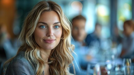 Smiling woman in a modern restaurant enjoying a meal with friends. Bright and cheerful ambiance with a focus on companionship.