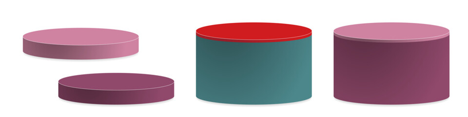 Set of Colored 3d rendered podium Mock ups, red, TEAL, sugarplum, razzleberry. 3d podiums with subtle shadows. Showroom pedestals. Vector Illustration. Perfect for food, products, scenes, Christmas.