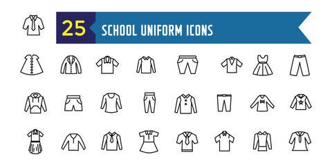 School uniform icons set. Outline set of school uniform vector icons for ui design. Outline icon collection. Editable stroke.