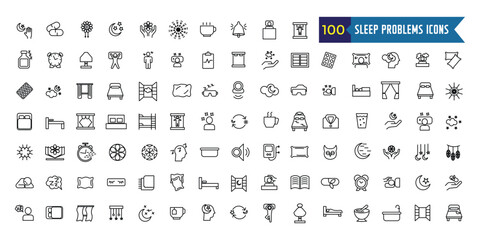 Sleep problems icons set. Outline set of sleep problems vector icons for ui design. Outline icon collection. Editable stroke.