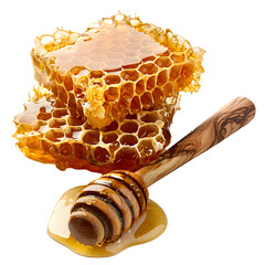 Honeycomb with honey and wooden spoon, transparent background, png file, 3d illustration