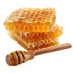 Honeycomb with honey and wooden spoon, transparent background, png file, 3d illustration