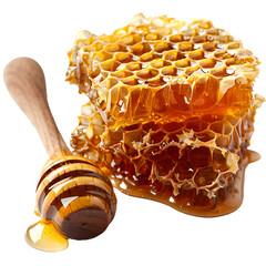 Honeycomb with honey and wooden spoon, transparent background, png file, 3d illustration