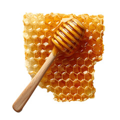 Honeycomb with honey and wooden spoon, transparent background, png file, 3d illustration