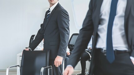 Businessmen in suits are preparing for a meeting in a modern office, with one adjusting his chair while another walks by, creating a dynamic corporate atmosphere.