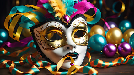 Carnival Party - Venetian Mask With Colorful Streamer And Whistle. Generative AI
