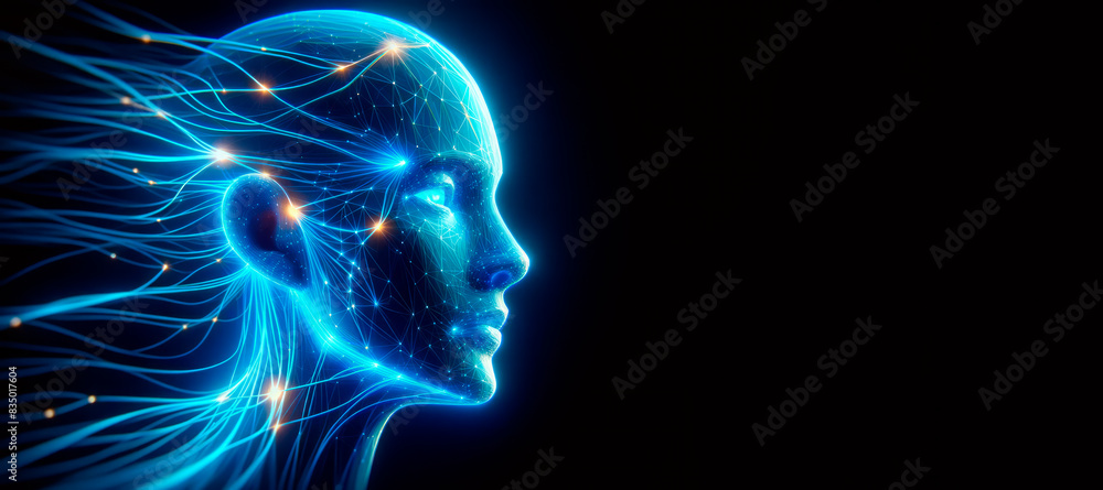 Poster A digital profile of a human head with neural network connections on a black background, symbolizing technology concept. Generative AI