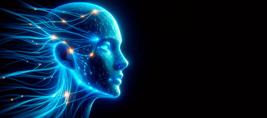 A digital profile of a human head with neural network connections on a black background, symbolizing technology concept. Generative AI