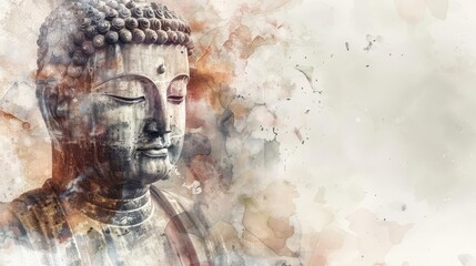 Eye-level perspective Buddha statue, fine marble craftsmanship, isolated on a seamless white background, watercolor texture, gentle shading, tranquil and elegant presence, minimalist style
