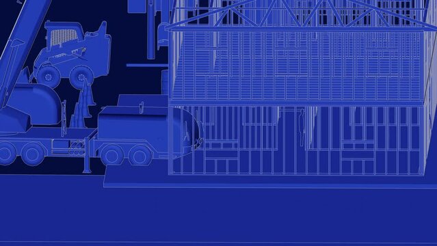 under construction house site, frame structure, with large machines, seamless looping 3D blueprint animation