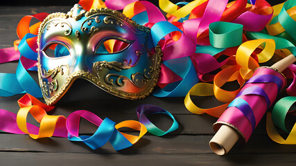 Obraz premium Carnival Party - Venetian Mask With Colorful Streamer And Whistle. Generative AI