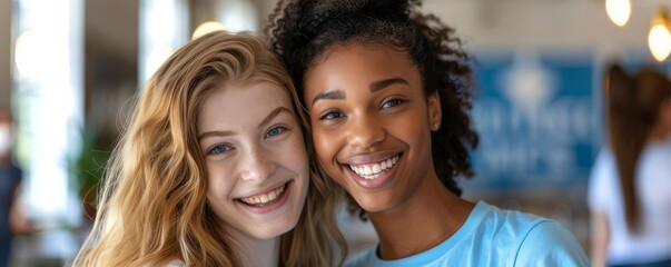 Fototapeta premium Focus a two beauty lesbian happy face and looking at camera on the center with hold a rainbow flag with blur beautiful park background
