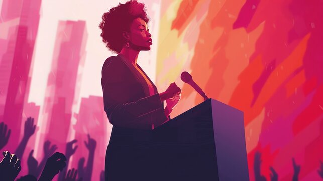 A young African American female politician deputy stands on a podium stage in front of a microphone and speaks to the public against the backdrop of the American flag. American election campaign