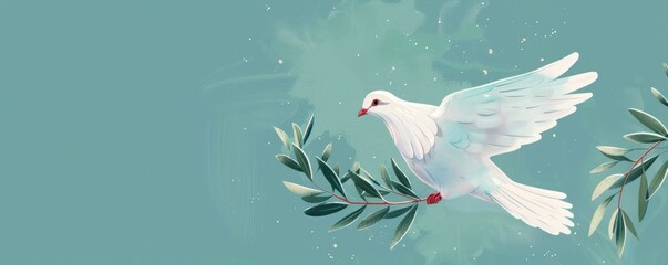 A white dove is flying over a green leafy tree branch. Concept of peace and freedom, as the dove is a symbol of hope and purity. The bright colors of the dove and the leaves create a serene