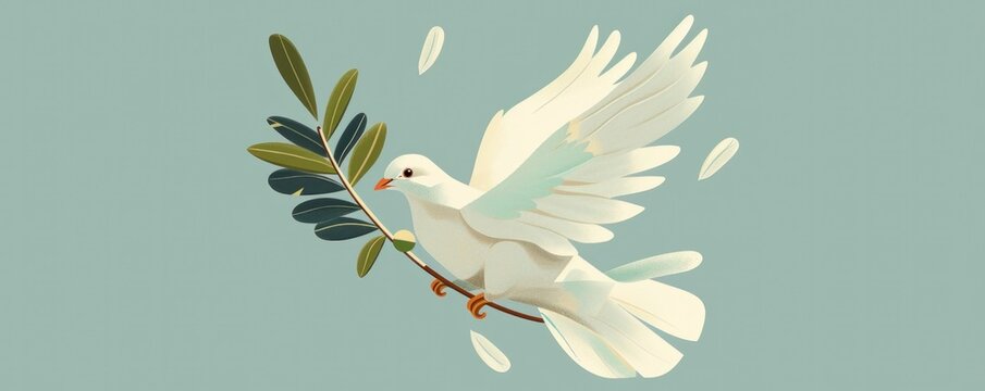 A white dove is flying over a green leafy tree branch. Concept of peace and freedom, as the dove is a symbol of hope and purity. The bright colors of the dove and the leaves create a serene
