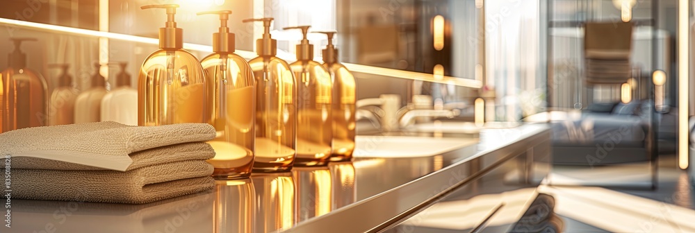 Aufkleber a close-up of stylish shampoo and conditioner bottles arranged on a countertop in a modern bathroom.
