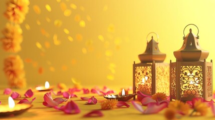 Frontal perspective of Diwali decor, contemporary web banner design, extensive and wide format, cheerful yellow background, photorealistic style, vivid light effects, ornate lanterns, and flower petal