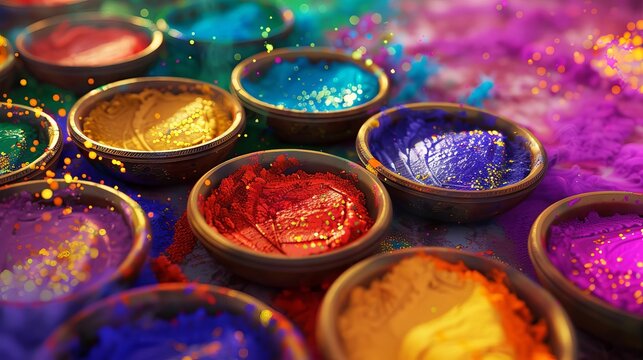 Festive Indian Holi scene from above, vivid rainbow colors in multiple bowls, energetic color splashes, joyous ambiance, clean space for message, CG 3D rendering