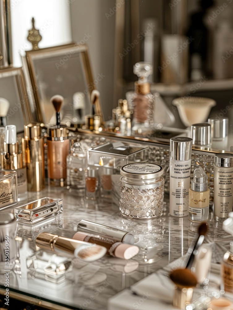 Poster A close-up view of a vanity table with a mirror and various cosmetic products, beautifully arranged. Generative AI