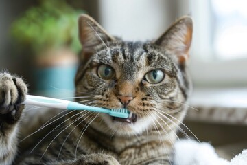 Portrait of a cat brushing their teeth with tooth brush