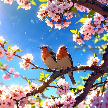  Two Birds are singing cheerfully in a tree with spring flowers and sunlight shining through.