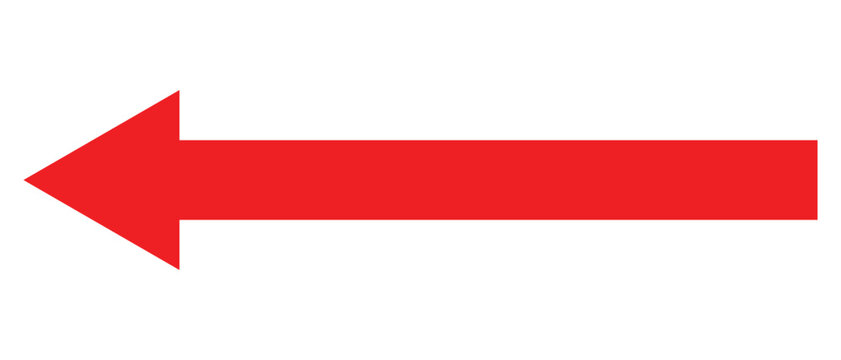 Left arrow icon. Red arrow to the left / vector, isolated on white background. Red large forward or left pointing solid long arrow icon sketched as vector symbol.