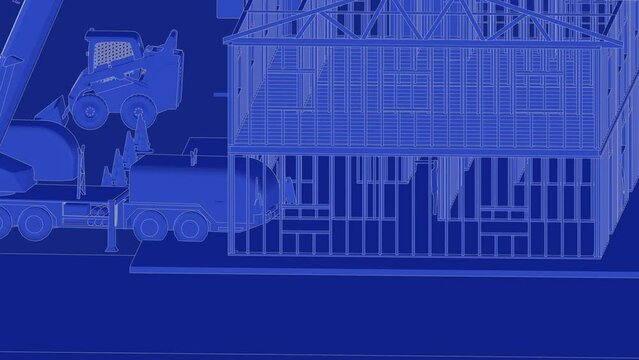 under construction house site, frame structure, with large machines, seamless looping 3D blueprint animation