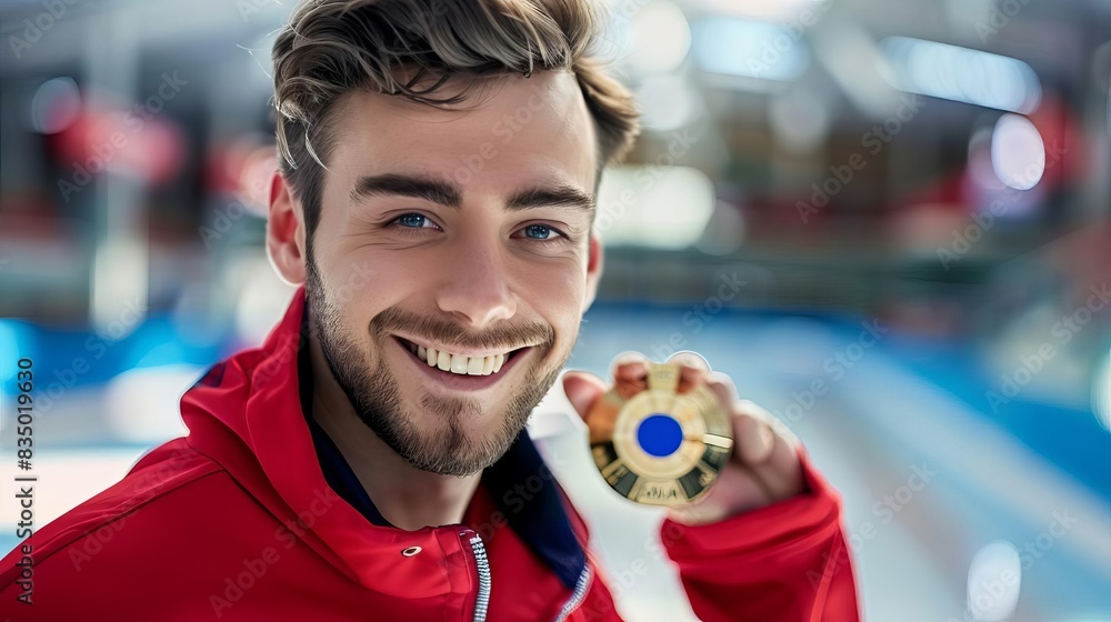 Wall mural olympic paris 2024 sport focus a handsome curling player happy face and looking at camera on the cen