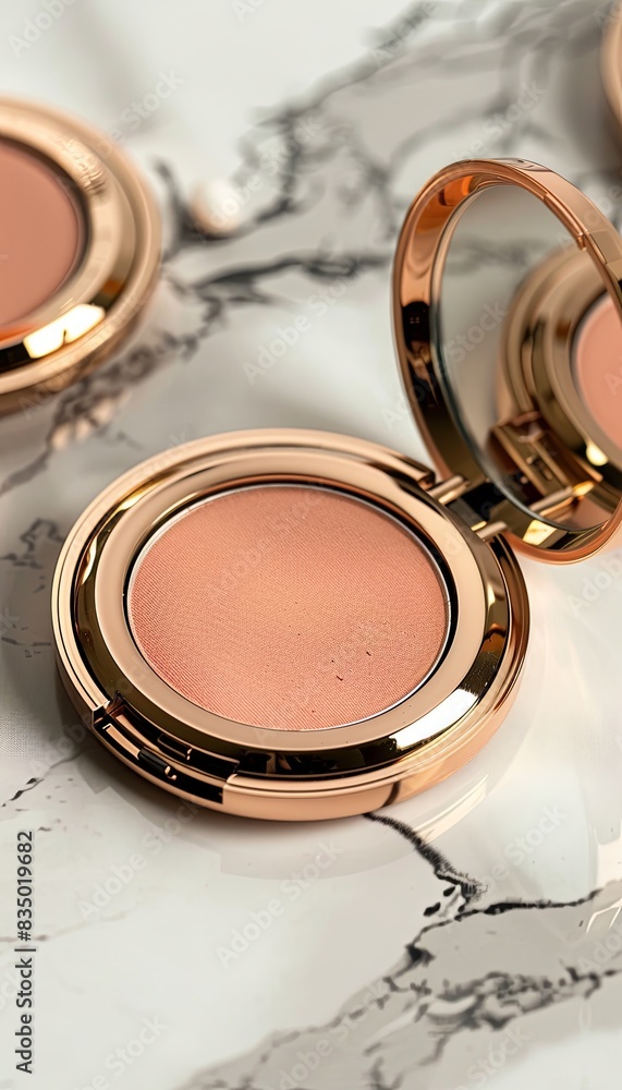 Poster A single compact case with blush sits open on a marble surface. The case is rose gold with a mirror and the blush is a soft peach color. Generative AI