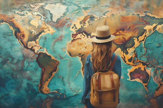 A travel agent exploring new destinations for future travel packages focus on exploration, adventure theme, dynamic, overlay, world map backdrop