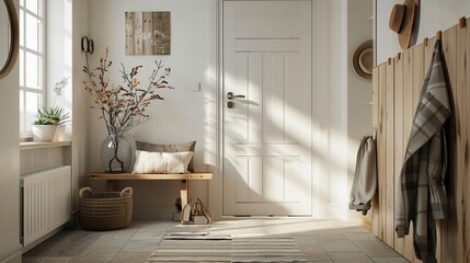 scandinavian entrance hall modern interior design with grid door and rustic accents