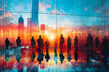 A travel agent presenting a group tour package to potential customers close up, group travel theme, vibrant, double exposure, meeting room backdrop