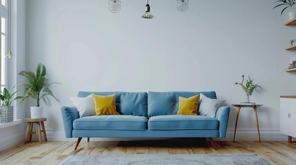 scandinavian living room with blue sofa and yellow pillows modern home interior design