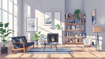 Fototapeta premium scandinavian loft interior design of modern living room with fireplace cozy and minimalist concept illustrations