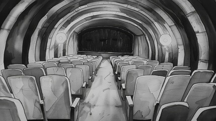 Fototapeta premium Black and white illustration of an empty theater with rows of seats and arched ceiling, capturing a vintage, nostalgic ambiance.