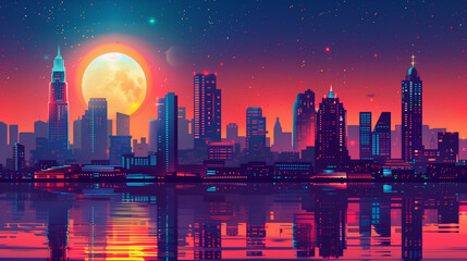 Sunset over a futuristic of Bangkok city skyline with reflection