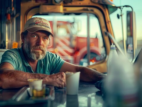 A truck driver enjoying a meal during a rest stop focus on relaxation, lifestyle theme, realistic, multilayer, truck stop diner backdrop